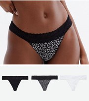 New Look 3 Pack Black and White Floral Lace Waist Thongs